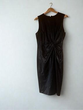 Elegant Black Midi Faux Leather Dress